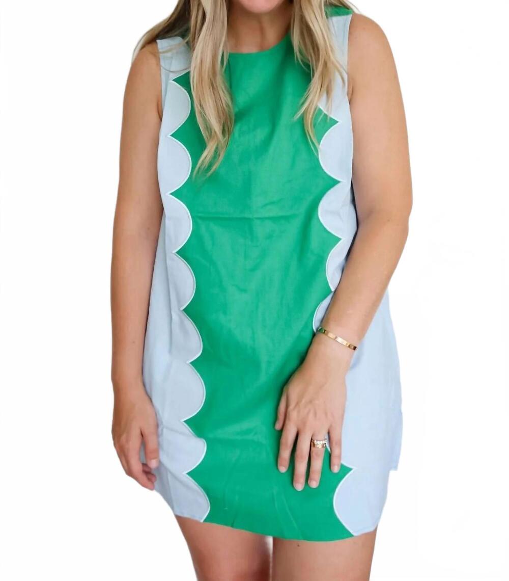 NEW DAY + MOON women's gameday scalloped sleeveless dress in green & blue